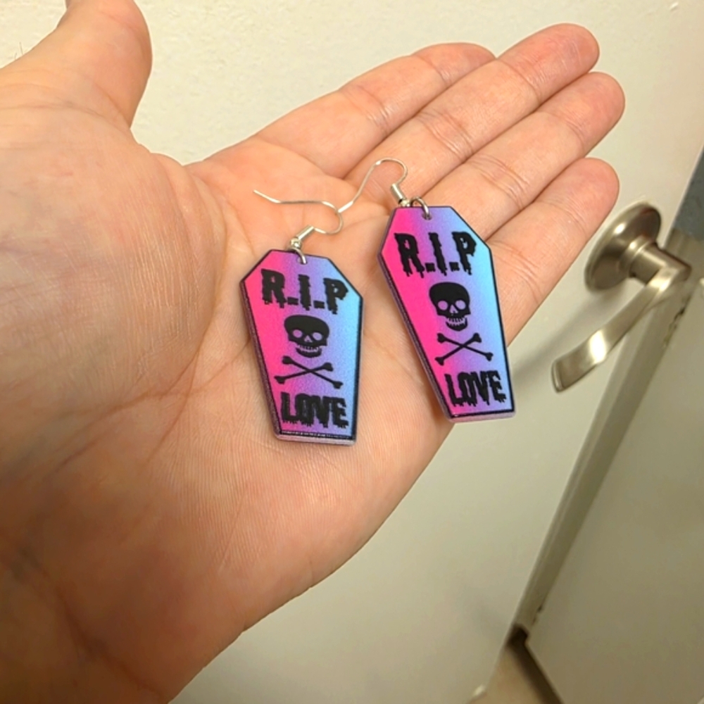 RIP LOVE Pink and Blue Coffin Earrings
